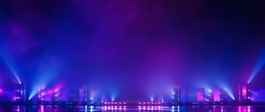 empty purple and blue concert stage background with dramatic spotlights and spacious copy space for event design