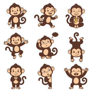 Set of Nine Cute Cartoon Monkey Characters Showing Different Emotions and Funny Poses Illustration
