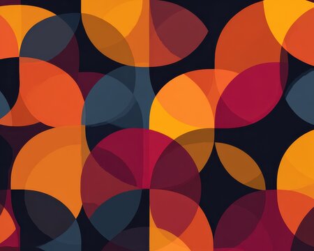 Geometric Pattern in Autumn Hues: An abstract composition featuring overlapping circles and semicircles in warm autumn colors like orange, red, and deep blue.