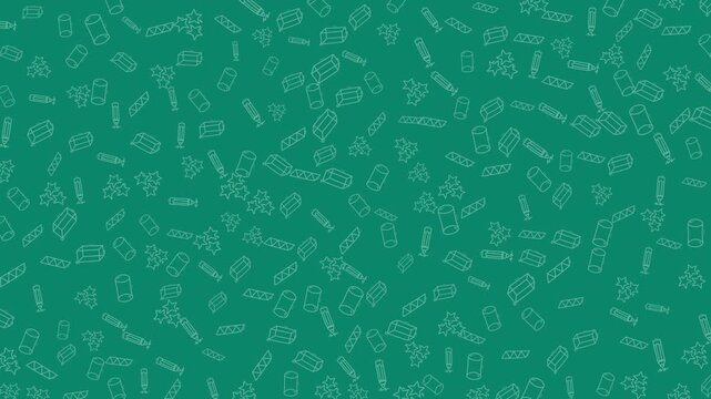 A seamless pattern of white line art confetti and streamers scattered across a vibrant green background, perfect for festive celebrations and designs.