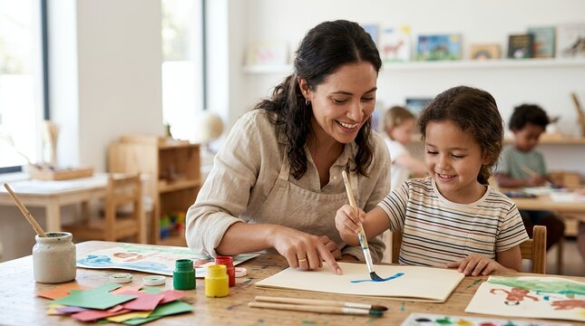 A smiling teacher helping a young child with painting in a bright classroom.
