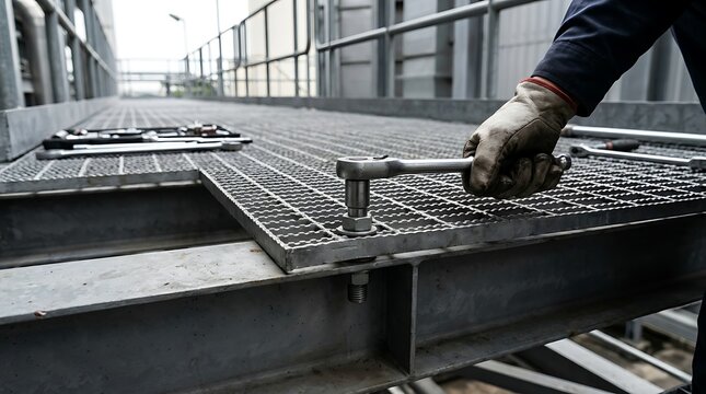 Industrial worker using a ratchet tool on metal grating flooring.