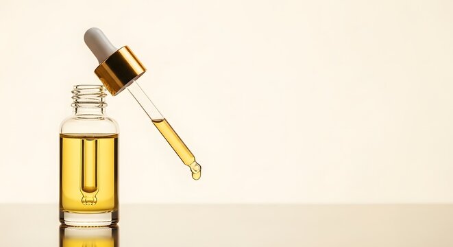 glass dropper bottle with golden liquid and a pipette dispensing a single drop against a light background.