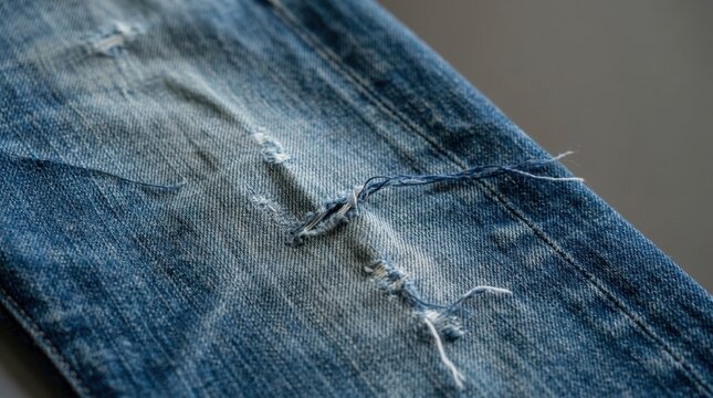 Distressed blue denim fabric with ripped areas and loose threads, conveying a worn and casual style.