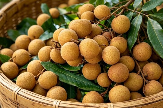 Harvested ripe longan fruits in bamboo basket with branches