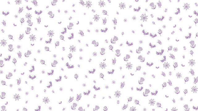 A delightful and whimsical pattern featuring small purple floral elements scattered across a clean white background. This delicate design evokes a sense of nature and spring, perfect for various