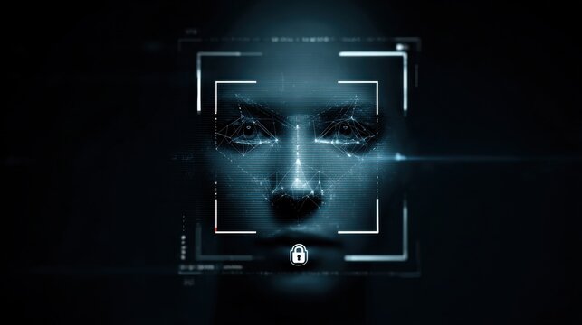 Facial recognition scan of a human face with a digital lock icon