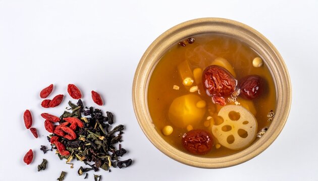 薬膳スープ・クコの実・なつめ・生姜・白背景・真俯瞰・漢方・健康食・薬膳料理素材／Yakuzen herbal soup top view on white background, goji berry jujube ginger medicinal broth, traditional Chinese Japanese health food stock photo, wellness cuisi