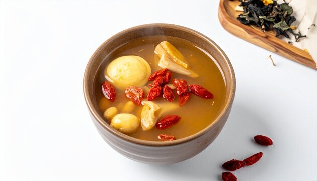 薬膳スープ・クコの実・なつめ・生姜・白背景・真俯瞰・漢方・健康食・薬膳料理素材／Yakuzen herbal soup top view on white background, goji berry jujube ginger medicinal broth, traditional Chinese Japanese health food stock photo, wellness cuisi