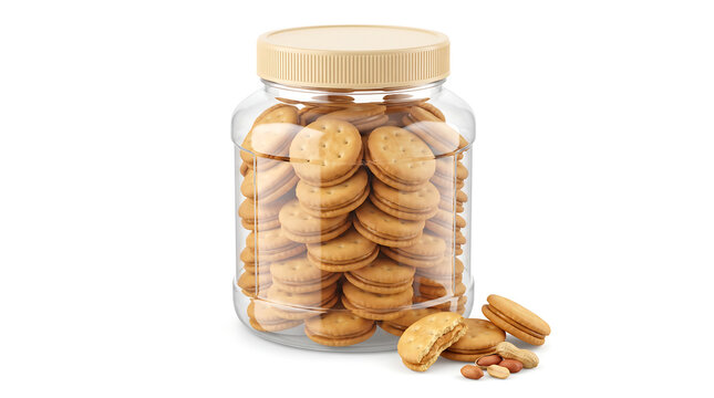 Large transparent container containing numerous round peanut butter cream sandwich crackers for food packaging design, retail advertisements, and product catalogs.
