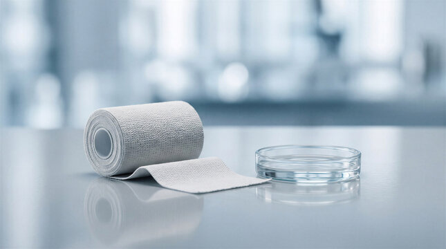 Medical plaster roll beside a glass petri dish on a clean surface  