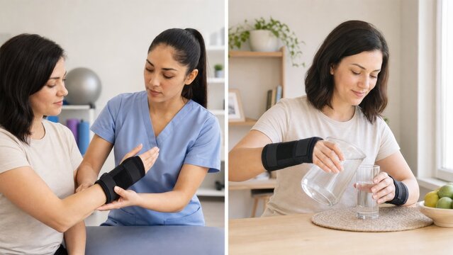 Woman wearing orthopedic wrist brace at physical therapy and home