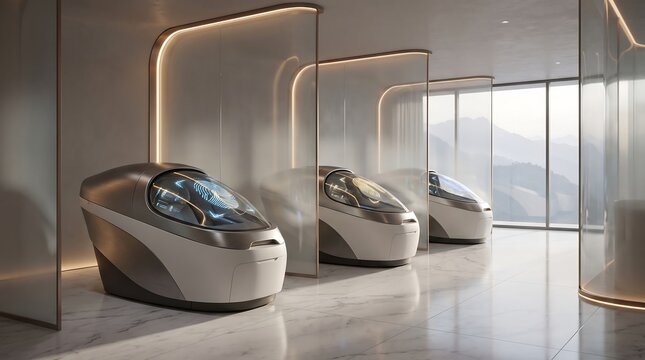 A row of three futuristic individual relaxation pods in a sleek, minimalist room with large windows offering a view of a serene mountain landscape.