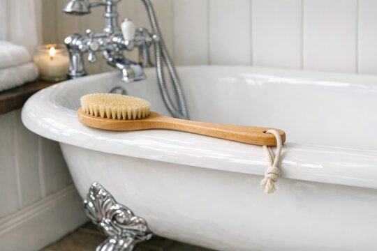A wooden brush inside a bathtub