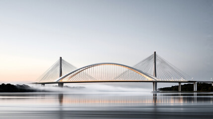 Fototapeta premium A high-end editorial architectural photograph of a modern glass-and-steel suspension bridge spanning a misty river valley at dawn, soft light highlighting the sweeping cable lines