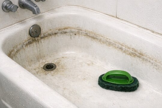 A close-up shot of a dirty bath tub with a green sponge inside, ready to be used for cleaning