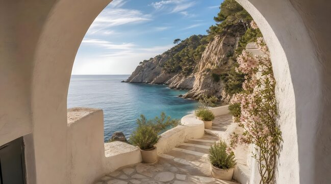 beautiful mediterranean beach cove surrounded by rocky cliffs, clear turquoise water and summer sky