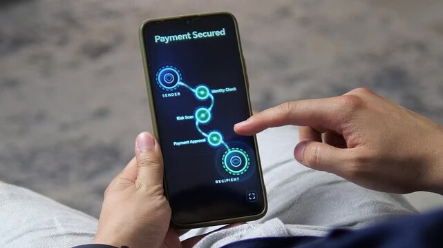 Secure mobile payment completes after identity verification, risk screening and approval, highlighting trusted fintech, cashless transfers and digital fraud prevention.