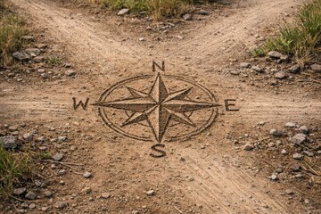 Fototapeta premium A compass drawn in the sand on a dirt road, suggesting navigation and exploration