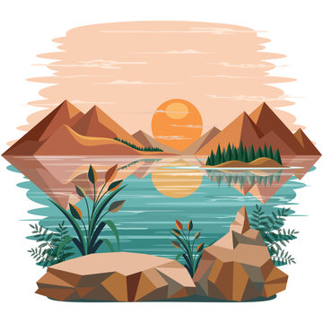 Mountain lake at sunset with sun reflection on water and rocks Peaceful and Serene Landscape Vector illustration EPS
