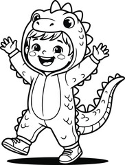 Fototapeta premium A cute little child wearing a fun dinosaur costume for a playful coloring page for young kids