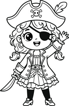 Cute chibi girl pirate wearing a hat and eye patch holding a sword for kids coloring page