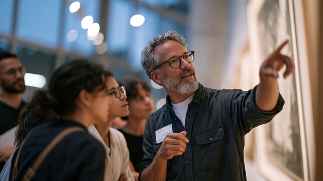 Museum docent gesturing toward a large canvas in twilight gallery lighting, a small group of adults leaning in with genuine curiosity, the blue hour filtering through high windows