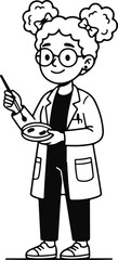 Fototapeta premium A black and white line art illustration of a young female scientist holding a test tube and beaker