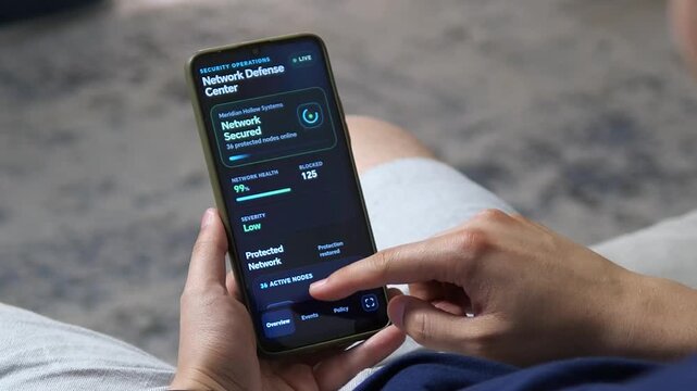 Person reviews a live cyber incident timeline on a smartphone as an endpoint threat is detected, isolated and blocked, highlighting automated network defense and rapid response.