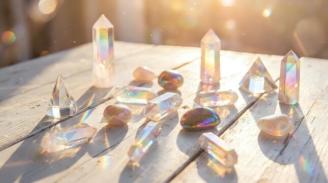 Polished crystal points and tumbled stones arranged on wooden surface
