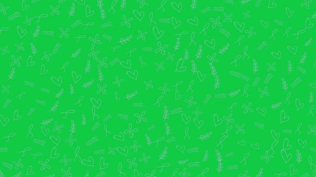 A vibrant green background filled with a whimsical pattern of hand-drawn doodles including hearts, flowers, leaves, and abstract lines. This versatile graphic is perfect for creative projects,