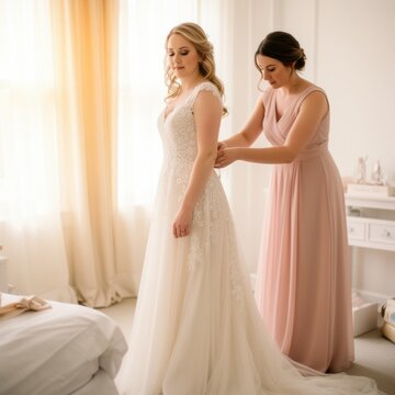 Bride Getting Help With Wedding Dress Fitting