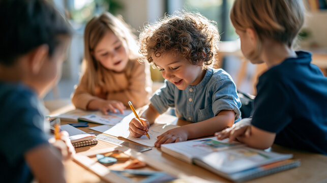 High-angle overhead top view of children sitting around a wooden table in a math classroom with rulers, geometric shapes, and workbooks, STEM education flat lay concept, bright int