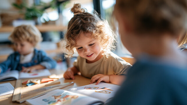 High-angle overhead top view of children sitting around a wooden table in a math classroom with rulers, geometric shapes, and workbooks, STEM education flat lay concept, bright int