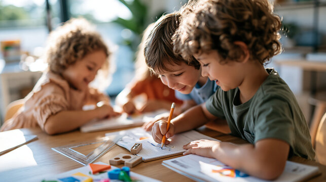 High-angle overhead top view of children sitting around a wooden table in a math classroom with rulers, geometric shapes, and workbooks, STEM education flat lay concept, bright int