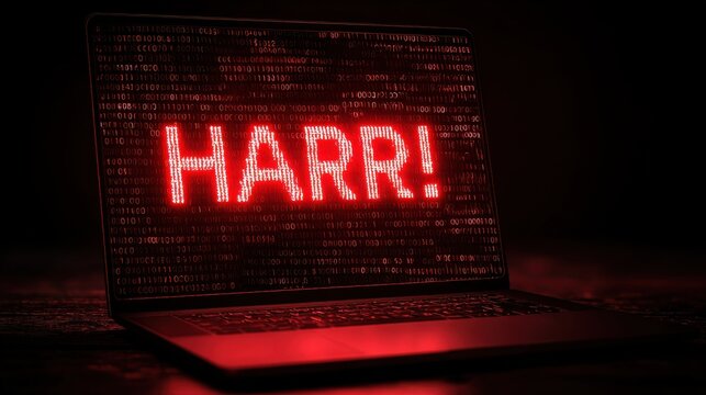 Red danger text displayed on laptop computer screen in dark room