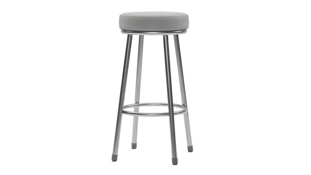 Tall bar stool with a round grey padded seat and four slender metal legs with a circular footrest support isolated on a transparent background