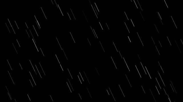 Minimalist 2D animation of heavy rain with a lightning flash on a black background.