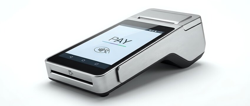 Portable payment terminal with touchscreen display showing