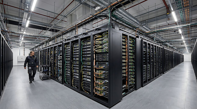 Modern data center with server racks and technician 1.