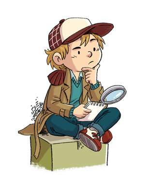 Thoughtful boy detective with a notebook and a magnifying glass, isolated drawing