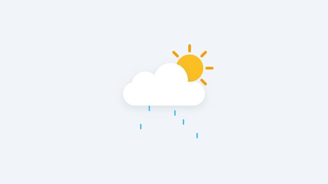 Minimalist flat design illustration of a sun behind a cloud with falling rain