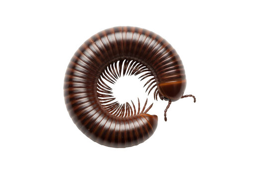 A curled brown millipede insect on a plain surface isolated on transparent background