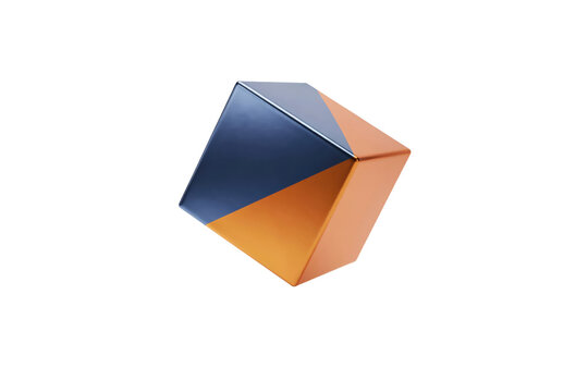 A geometric cube featuring contrasting metallic blue and orange triangular faces on a white surface isolated on a transparent background