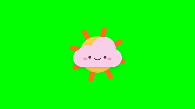 Cute Cartoon Sun and Cloud Character with Smiling Face on Green Screen