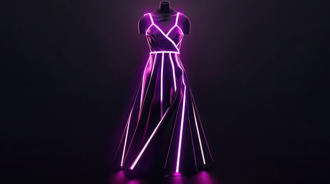 Black evening dress on mannequin with vertical pink neon light stripes for fashion poster and event background