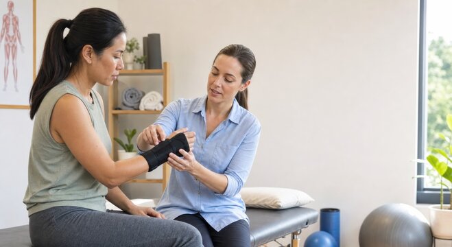 Physiotherapist helping patient with wrist brace in clinic