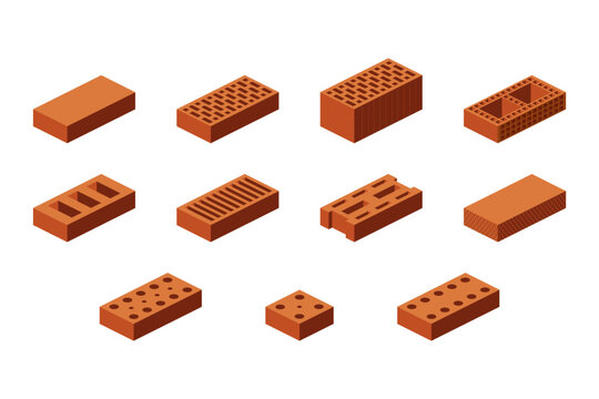 Flat 3d isometric vector brick icons. Building construction materials. Industrial elements. Solid blocks for wall construction.