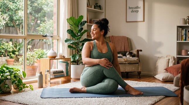 Healthy plus-size woman doing yoga at home, peaceful mood, wellness lifestyle