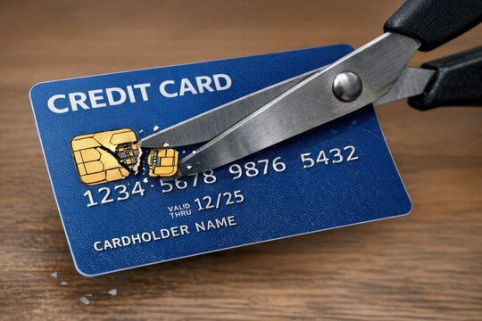 A close-up image of a credit card being cut with a pair of scissors